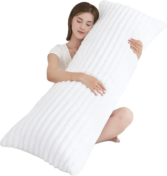 Full Body Pillow with Fluffy Stripe Faux Fur Removable Cover, Long Bed Pillow Adult 20x54 Inches for Side Sleeper and Pregnancy, White.