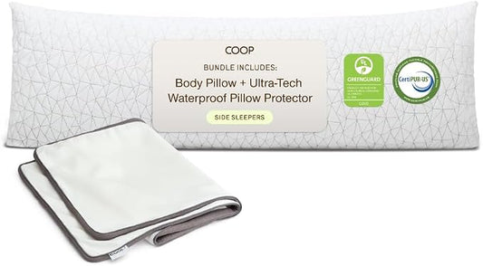 Coop Home Goods Original Adjustable Body Pillow (20x54) and Ultra-Tech Waterproof Pillow Protector Bundle for Pregnancy, Full Body Support for Side Sleepers with Memory Foam & Washable Cover