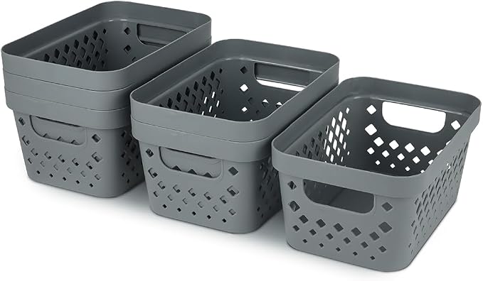 Glad Plastic Baskets for Organizing, Set of 6 | Pantry Storage for Under Counter, Linen Closet, and Bathroom | Nesting Shelf Bins with Handles, 1 Gallon, Grey