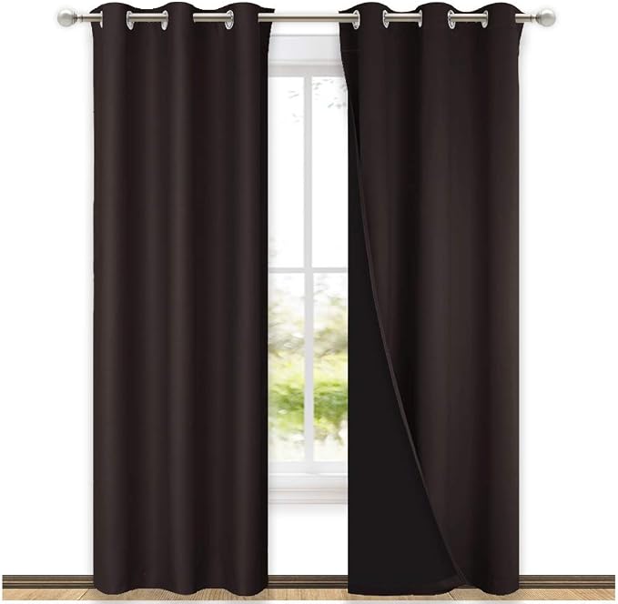 NICETOWN Toffee Brown Full Shade Curtain Panels, Pair of Thermal Insulated & Energy Efficiency Blackout Drapes for Living Room, Lined Silky Performance Window Dressing (37" Wide x 84" Long, Gray)