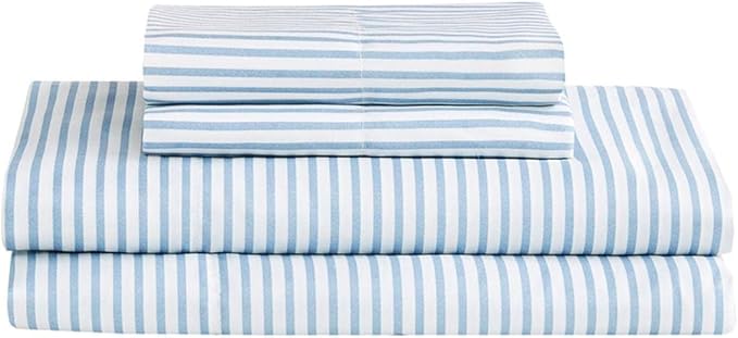 Madison Park Essentials Jaxon Full Size Comforter Set, Bed in A Bag Comforter & Sheet Set, Modern Casual Stripes Print, All Seasons, Soft Microfiber Bedding Makeover, Sham, Full, Blue/Grey 7 Piece