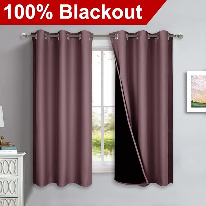 NICETOWN Dry Rose 100% Blackout Lined Curtains, 2 Thick Layers Completely Blackout Window Treatment Panels Thermal Insulated Drapes for Kitchen (1 Pair, 42" Width x 63" Length Each Panel)