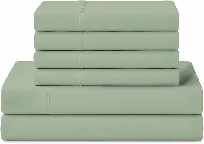 Linen Home 100% Cotton Percale Sheets California King Size, Sage, Deep Pocket, 6 Pieces Set- 1 Flat, 1 Fitted and 4 Pillowcases, Crisp Cool and Long Staple Strong Bed Linen