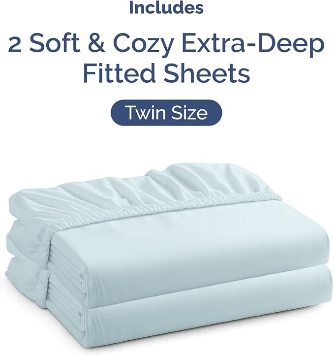 2 Pack Extra Deep Twin Fitted Sheets with Extra Deep Pockets - Ice Blue | Hotel Luxury Bottom Fitted Sheets Only, Soft, Fade & Wrinkle Free, Breathable & Comfy, All Around Elastic Fitted Sheets