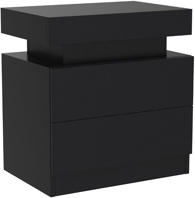 i-aplus Black Modern LED Nightstand Set of 2 with 2 Wood Drawer for Bedroom | Nightstands with App-Controlled RGB LED Lights, Night Stand with Storgae Drawer, Modern Bedside Table for Bedroom