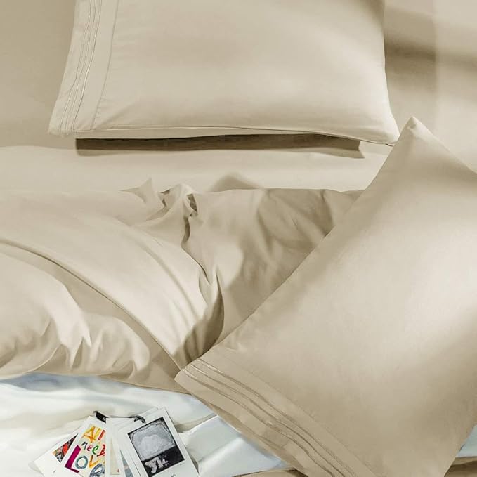 SONORO KATE Bed Sheet Set Super Soft Microfiber 1800 Series Luxury Egyptian Sheets Fit 18-24 Inch Deep Pocket Mattress Wrinkle-6 Piece (Beige, Queen)
