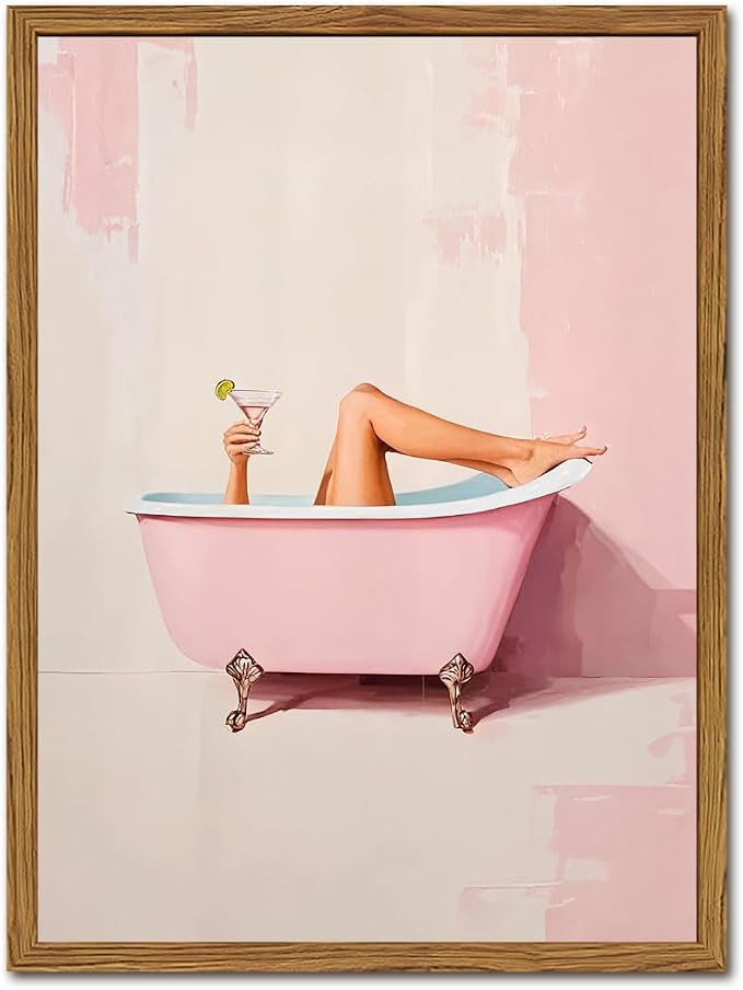 Funny Pink Girl Bathroom Wall Art, Cute Girly Bathtub Wall Decor Painting Trendy Pastel Woman and Martini Bathroom Poster Canvas Print Artwork 16x24 inch Framed