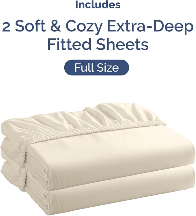 2 Pack Extra Deep Full Fitted Sheets with Extra Deep Pockets - Off White | Hotel Luxury Bottom Fitted Sheets Only, Soft, Fade & Wrinkle Free, Breathable & Comfy, All Around Elastic Fitted Sheets