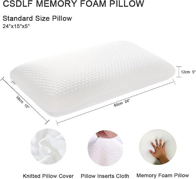 CSDLF Memory Foam Bed Pillows, Pillow for Side and Back Sleeper, Pillow for Neck Pain Relief, Washable Removable Cover, Soft, White (Standard)