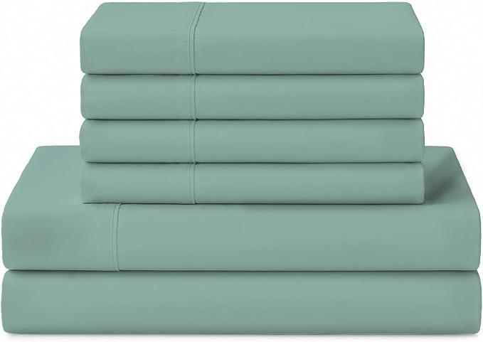 Linen Home 100% Cotton Percale Sheets King Size, Aqua Blue, Deep Pocket, 6 Pieces Set- 1 Flat, 1 Fitted and 4 Pillowcases, Crisp Cool and Long Staple Strong Bed Linen