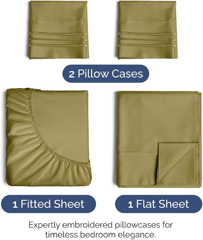King Size 4 Piece Sheet Set - Ultra Soft & Cooling Sheets - Olive Yellow | Fits 8 Inch to 16 inch Mattress, Wrinkle Free & Fade Resistant with Deep Pockets, Breathable, Comfy Hotel Luxury Bedding