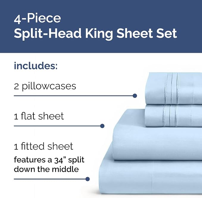 Flex Top Split Head King 4 Piece Sheet Set - Soft & Breathable - Light Blue | Cooling Bed Sheets Set, Hotel Luxury Bedding for Women & Men with Deep Pockets, Wrinkle Free & Fade Resistant, Oeko-Tex