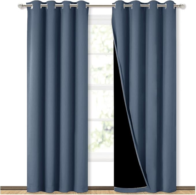 NICETOWN 100% Blackout Curtains 84 inches Long, Pair of Energy Smart & Noise Blocking Out Drapes for Baby Room Window, Thermal Insulated Guest Room Lined Window Dressing (Stone Blue, 52 inches Wide) | 100% Room Darkening Energy Smart Noise Blocking Dra...