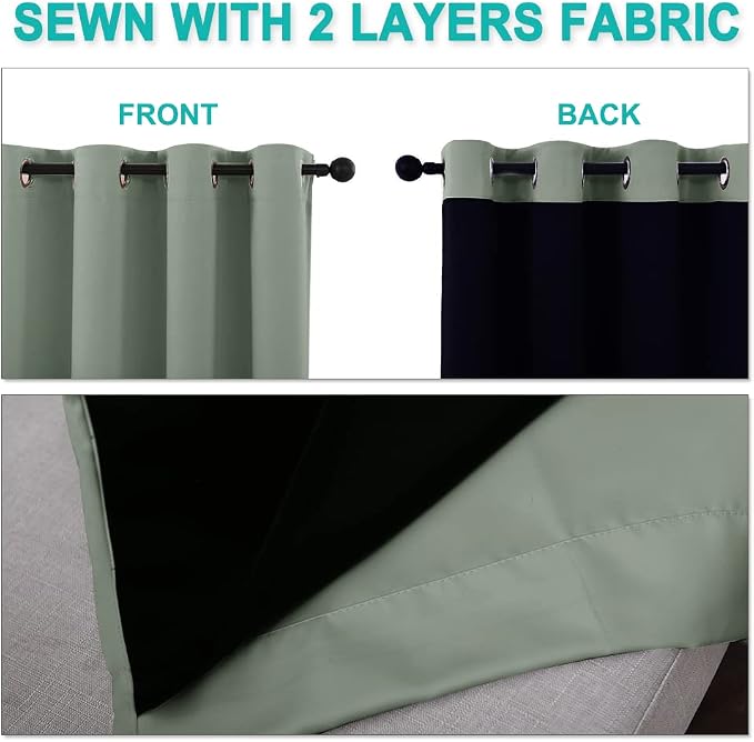 NICETOWN Extra Long Truly Blackout Drapes for Hall and Villa, 46-inch Width Each Panel, 45-inch Length, Greyish Green, 2 Pieces, 100% Blackout Window Curtains with Black Lined for Night Shift Worker