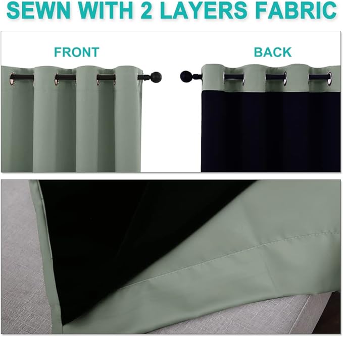 NICETOWN Greyish Green 100% Blackout Curtains for Windows, Super Heavy-Duty Black Lined Total Darkness Drapes for Bedroom, Privacy Assured Window Treatment for Patio (Pack of 2, 70" W x 108" L)