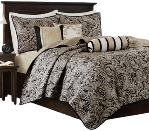 Madison Park Traditional Damask Jacquard Paisley Black Queen Quilt Set, 6pc | Lightweight Coverlet Bedspread Bedding Set, All Season, Machine Washable, Easy Care, Cozy, Breathable, Soft