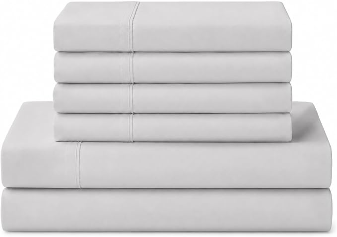 Linen Home 100% Cotton Percale Sheets Queen Size, Silver, Deep Pocket, 6 Pieces Set- 1 Flat, 1 Fitted and 4 Pillowcases, Crisp Cool and Long Staple Strong Bed Linen