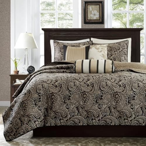 Madison Park Traditional Damask Jacquard Paisley Black Queen Quilt Set, 6pc | Lightweight Coverlet Bedspread Bedding Set, All Season, Machine Washable, Easy Care, Cozy, Breathable, Soft