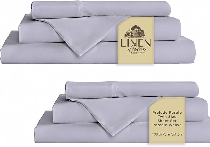 Linen Home 100% Cotton Percale Sheets Twin Size Pack of 2, Prelude Purple, Deep Pocket, 6 Pieces Set- 2 Flat, 2 Fitted and 2 Pillowcases, Crisp Cool and Long Staple Strong Bed Linen