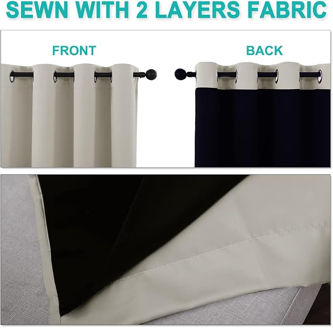 NICETOWN Natural Blackout Curtains for Nursery 70" Wide x 84" Long 2 Panels | 100% Room Darkening Cold Full Light Blocking Drapes with Black Liner, Thermal Insulated Draperies for Bedroom Window Decor