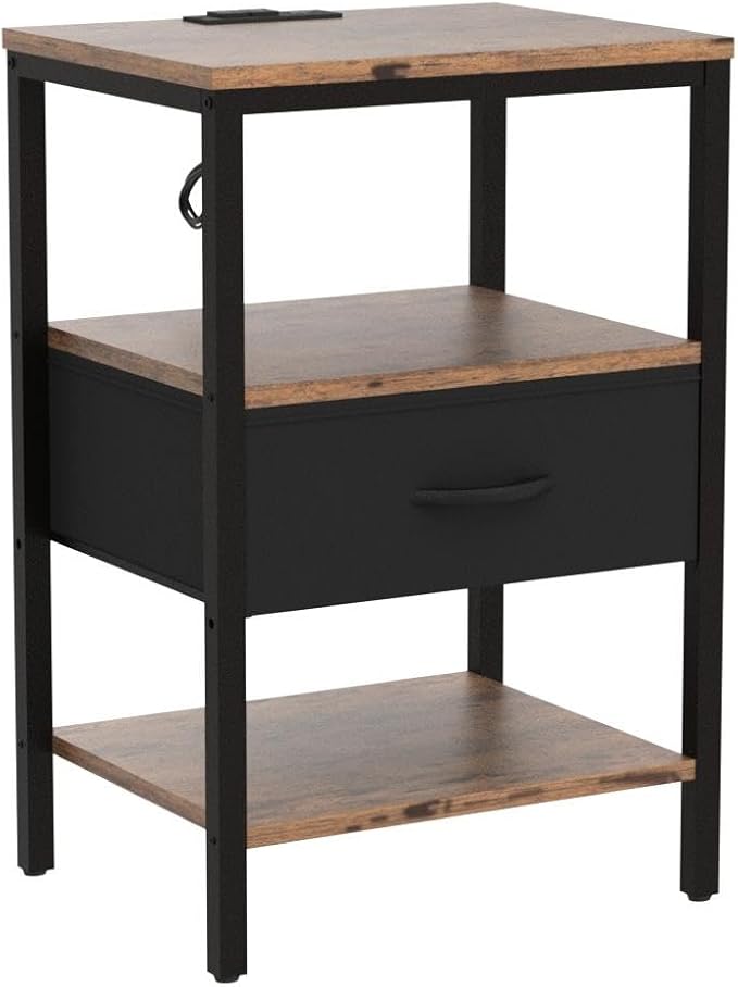 SUPERJARE Nightstand Set of 2 with Charging Station, USB-C Port, End Tables | Night Stand for Bedroom, with Adjustable Fabric Drawer, 3-Tier Storage Bedside Tables for Living Room, Rustic Brown & Black