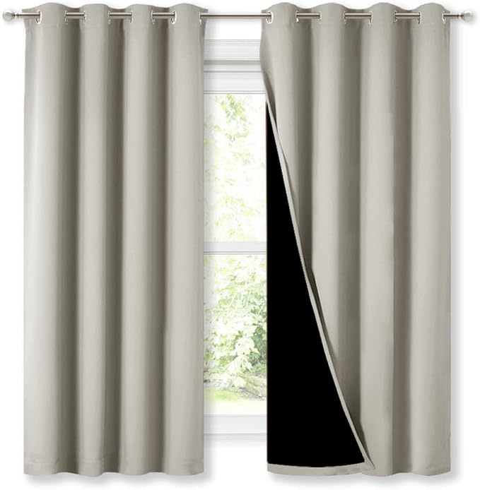 NICETOWN Natural Blackout Curtains for Kitchen 52" Wide x 63" Long 2 Panels | 100% Blackout Lined 2 Thick Layers Completely Blackout Window Treatment Thermal Insulated Drapes for Bedroom Living Room