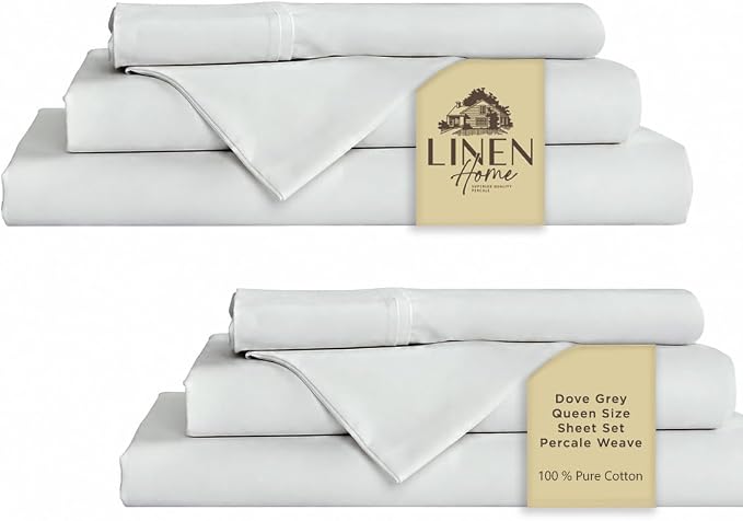 Linen Home 2-Pack Queen Sheet Set, 100% Cotton Percale Bedding, 8-Piece Value Bundle, Deep Pocket Cooling Bed Sheets for Hot Sleepers, Breathable & Crisp Hotel Quality, Long-Staple Cotton, Dove Grey