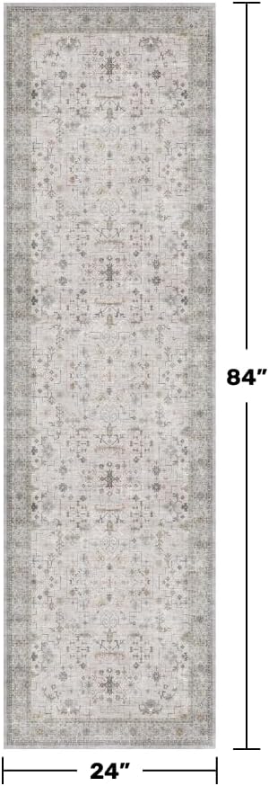 Washable 2x7 Runner Rug for Bathroom, Vintage Boho Light Gray & Sage Runner Rug for Hallway, Kitchen, Door Mat Indoor Entrance, Bedroom Beside Bed, Non-Slip Low-Pile Stain Resistant
