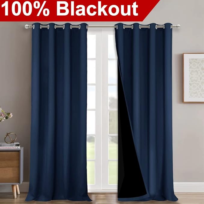 NICETOWN 100% Blackout Blinds, Set of 2, 46" x 102", Navy, Laundry Room Decor Window Treatment Curtains for Large Patio Sliding Door, Thermal Insulated Curtains for Bedroom