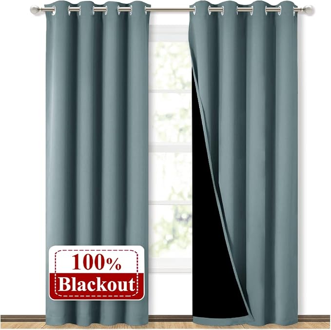 NICETOWN Greyish Blue Blackout Curtains for Baby Room 52" x 84" 2 Panels | 100% Blackout Energy Smart Noise Blocking Drapes for Guest Room, Thermal Insulated Lined Window Dressing Decor Room Darkening