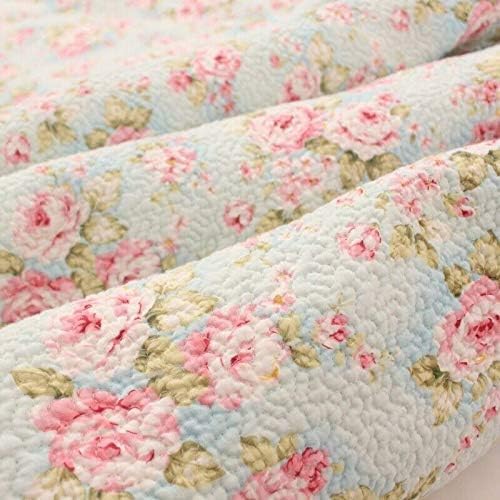 3 PCS Country Cottage Floral Bedspread Quilt Coverlet Patchwork 100% Cotton Light Blue Queen Size