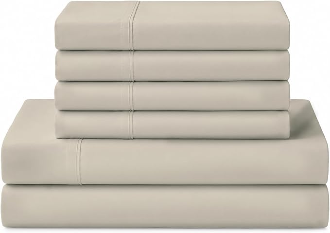 Linen Home 100% Cotton Percale Sheets King Size, Light Taupe, Deep Pocket, 6 Pieces Set- 1 Flat, 1 Fitted and 4 Pillowcases, Crisp Cool and Long Staple Strong Bed Linen