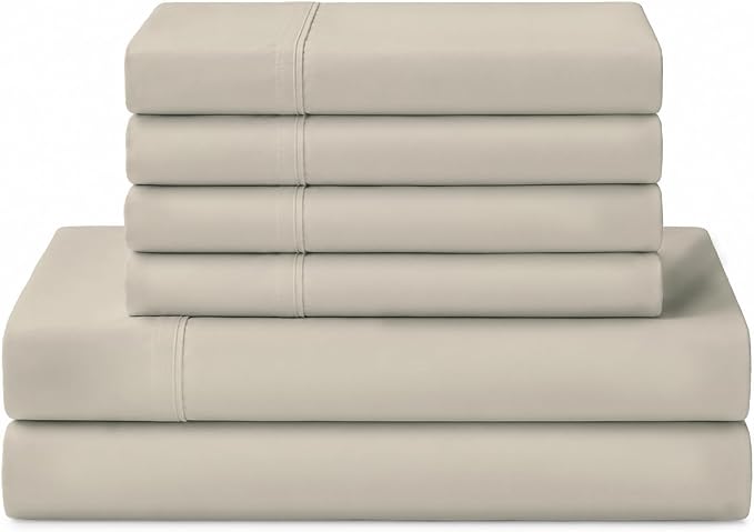 Linen Home 100% Cotton Percale Sheets California King Size, Light Taupe, Deep Pocket, 6 Pieces Set- 1 Flat, 1 Fitted and 4 Pillowcases, Crisp Cool and Long Staple Strong Bed Linen