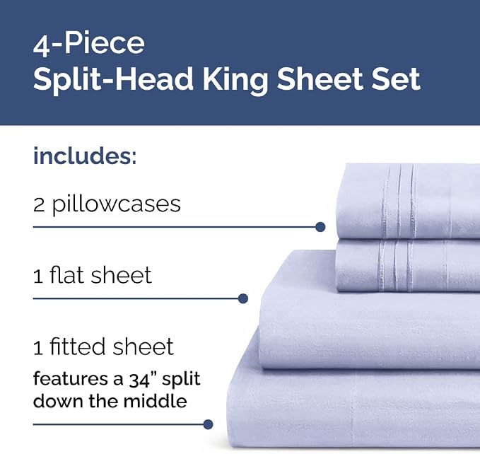 Flex Top Split Head King 4 Piece Sheet Set - Soft & Breathable - Lavender | Cooling Bed Sheets Set, Hotel Luxury Bedding for Women & Men with Deep Pockets, Wrinkle Free & Fade Resistant, Oeko-Tex
