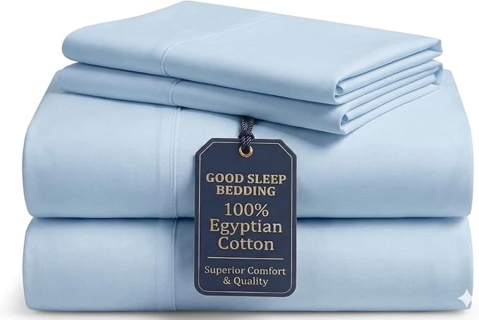 Good Sleep Bedding 100% Egyptian Cotton Queen Sheet Set, 4 Piece Silky Sateen Weave, Bed Sheets Queen Size, Ultra-Soft & Durable Hotel Luxury, 16" Queen Sheet Set Deep Pocket - Light Blue