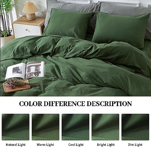 NEXHOME PRO Duvet Cover Set King Size Linen Feel Textured Organic Natural 100% Washed Cotton Duvet Cover 3 Pieces Bedding Set with Zipper Closure, Breathable, Forest Green (No Comforter)