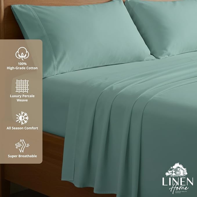 Linen Home 100% Cotton Percale Sheets Full Size, Aqua Blue, Deep Pocket, 4 Pieces Set - 1 Flat, 1 Deep Pocket Fitted Sheet and 2 Pillowcases, Crisp Cool and Strong Bed Linen