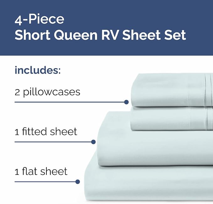 Short Queen Size 4 Piece Bed Sheet Set - RV Short Queen Sheets - Ice Blue | Ultra-Soft, Breathable & Cooling Bed Sheets Set with Deep Pockets, Hotel Luxury Bedding for Women & Men, Wrinkle & Fade Free