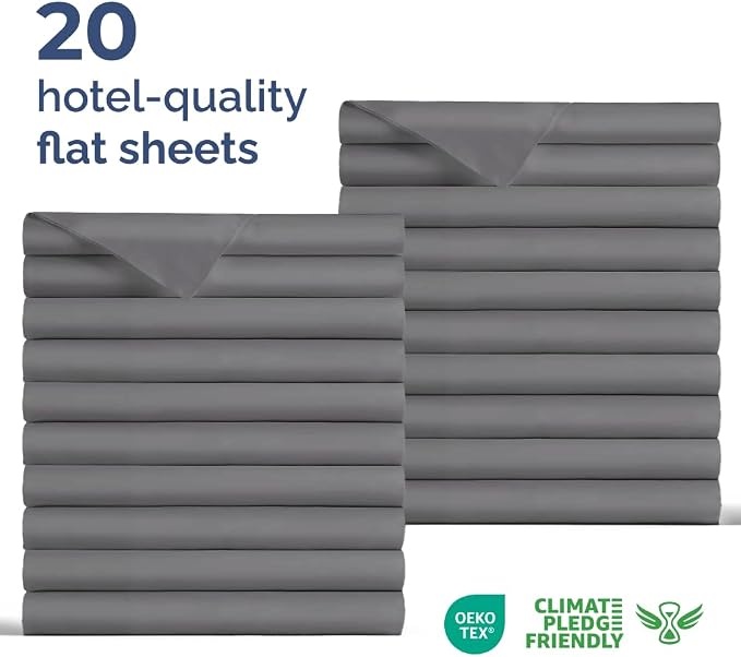 Bulk Case Pack of 20 Flat Sheets - Twin XL Size Flat Sheets - Dark Grey | Wholesale Bulk Flat Sheets for Hotels, Spas & Airbnbs, Soft, Cooling & Breathable, Wrinkle Free, Fade & Shrink Resistant