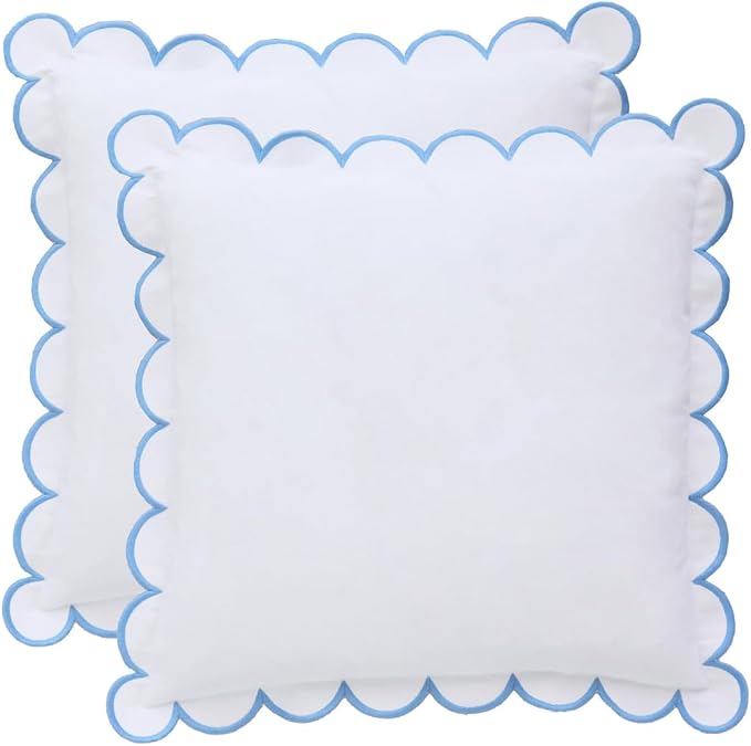 BEBE BASK Scalloped Pillow Cover Set of 2, 18x18, 100% Cotton - White/Blue | 100% Cotton, Scallop Pillow Covers, Grandmillennial Style, 18 by 18 Inch, Easy to Care, Machine Washable, Scalloped Pillows