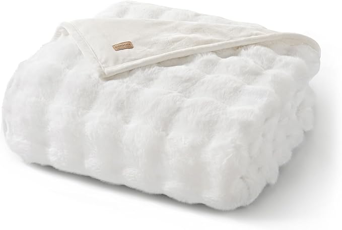 EverGrace Faux Rabbit Fur Bubble Throw Blanket, 50"x60", Bright White | Ultra Soft, Luxury Faux Rabbit Fur Throw, Thick Warm Bubble Blanket, Cozy Fluffy Reversible, for Bed, Couch, Chair, Sofa