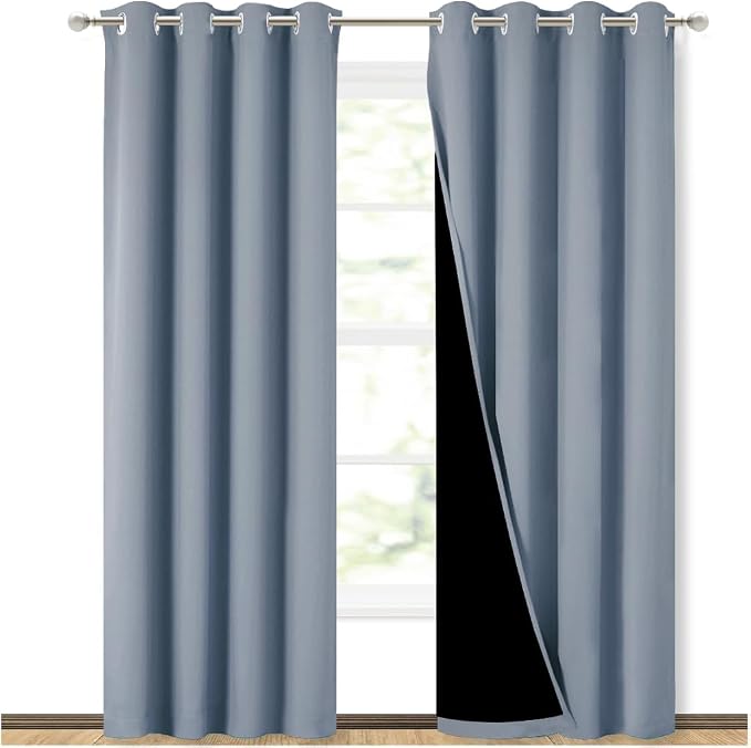 NICETOWN Vintage Blue Blackout Curtains for Baby Room 52" x 84" 2 Panels | 100% Room Darkening Energy Smart Noise Blocking Drapes for Guest Room Bedroom, Thermal Insulated Lined Window Dressing Decor