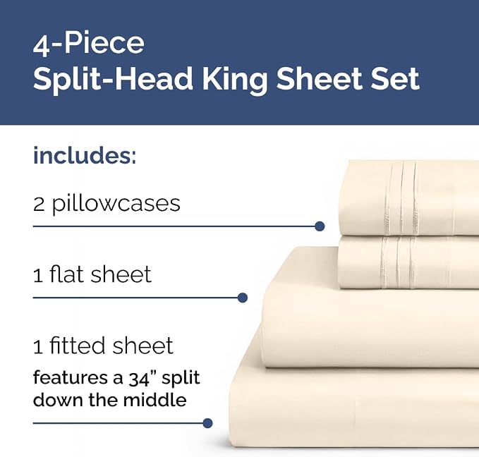 Flex Top Split Head King 4 Piece Sheet Set - Soft & Breathable - Off White | Cooling Bed Sheets Set, Hotel Luxury Bedding for Women & Men with Deep Pockets, Wrinkle Free & Fade Resistant, Oeko-Tex