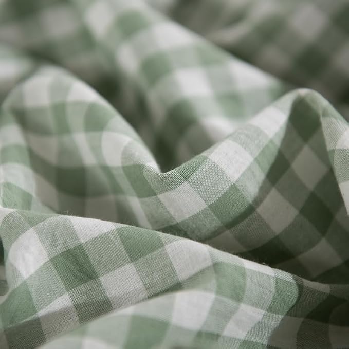 NEXHOME PRO Green Gingham Duvet Cover King, 100% Washed Cotton Like Linen Feel Organic Natural Bedding Set 3 Piece Sage Vintage Plaid Checkered Comforter Cover Set (No Comforter) 10490