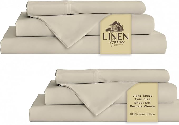 Linen Home 100% Cotton Percale Sheets Twin Size Pack of 2, Light Taupe, Deep Pocket, 6 Pieces Set- 2 Flat, 2 Fitted and 2 Pillowcases, Crisp Cool and Long Staple Strong Bed Linen