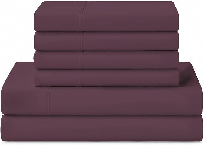 Linen Home 100% Cotton Percale Sheets Queen Size, Damson Berry, Deep Pocket, 6 Pieces Set- 1 Flat, 1 Fitted and 4 Pillowcases, Crisp Cool and Long Staple Strong Bed Linen