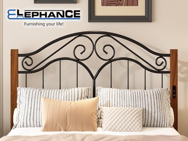 Headboard for Queen Size Bed Frame with Charging Station USB & Type C Ports | Vintage Platform Bed Headboard Only,Adjustable,Iron Legs,Easy Assembly,Black
