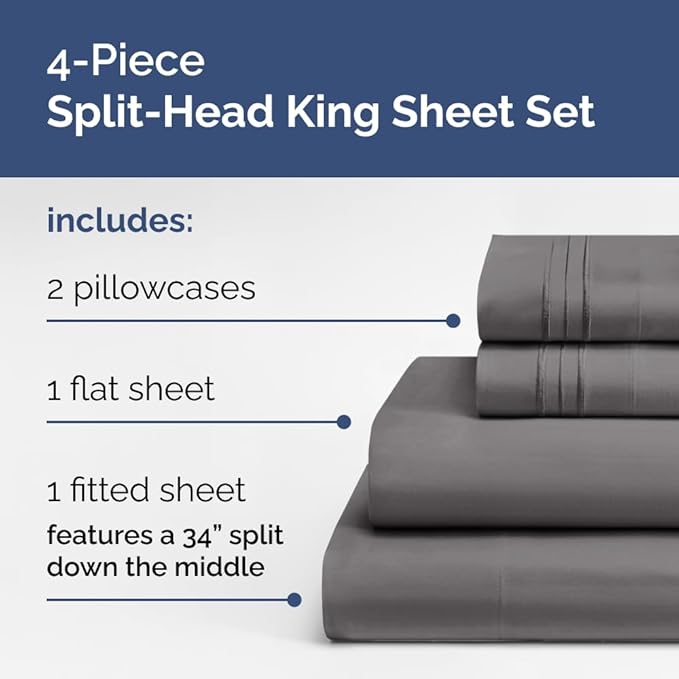 Flex Top Split Head King 4 Piece Sheet Set - Soft & Breathable - Dark Grey | Cooling Bed Sheets Set, Hotel Luxury Bedding for Women & Men with Deep Pockets, Wrinkle Free & Fade Resistant, Oeko-Tex