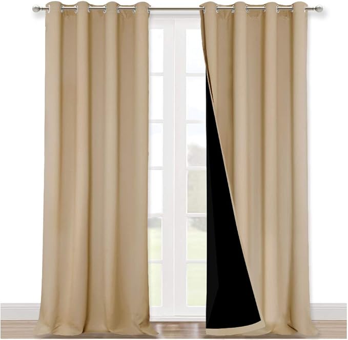 NICETOWN Full Shading Curtains 90 inches Long 2 Panels Set for Windows, Super Heavy-Duty Black Lined Blackout Curtains for Bedroom, Privacy Assured Window Treatment (Biscotti Beige, 52 inches W) | Full Shading Super Heavy-Duty Black Lined Drapes for Li...