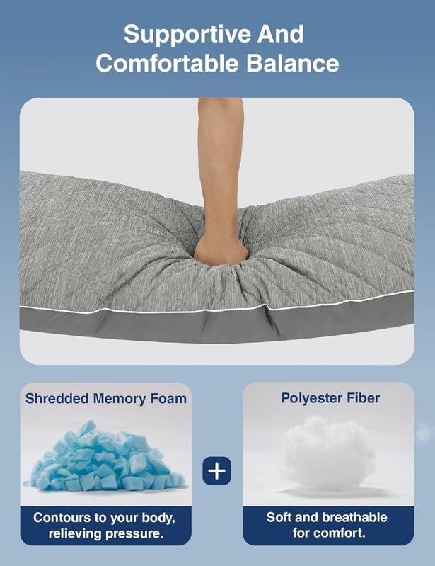 ZonLi Cooling Body Pillow for Adults Side Sleeper & Pregnancy - Memory Foam Insert Long Body Pillow 20 x 54 Inch with Washable Pillowcase, Gift for Men Women Grey